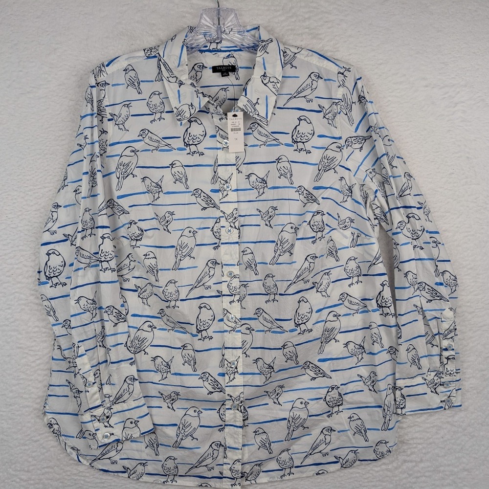 NWT Talbots Plus Modern Classic Button Up Shirt Size 1X Bird Stripes Cotton